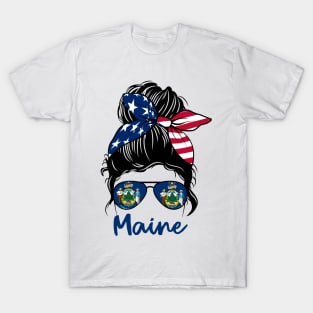 Maine girl Messy bun , American Girl , Maine Flag T-Shirt